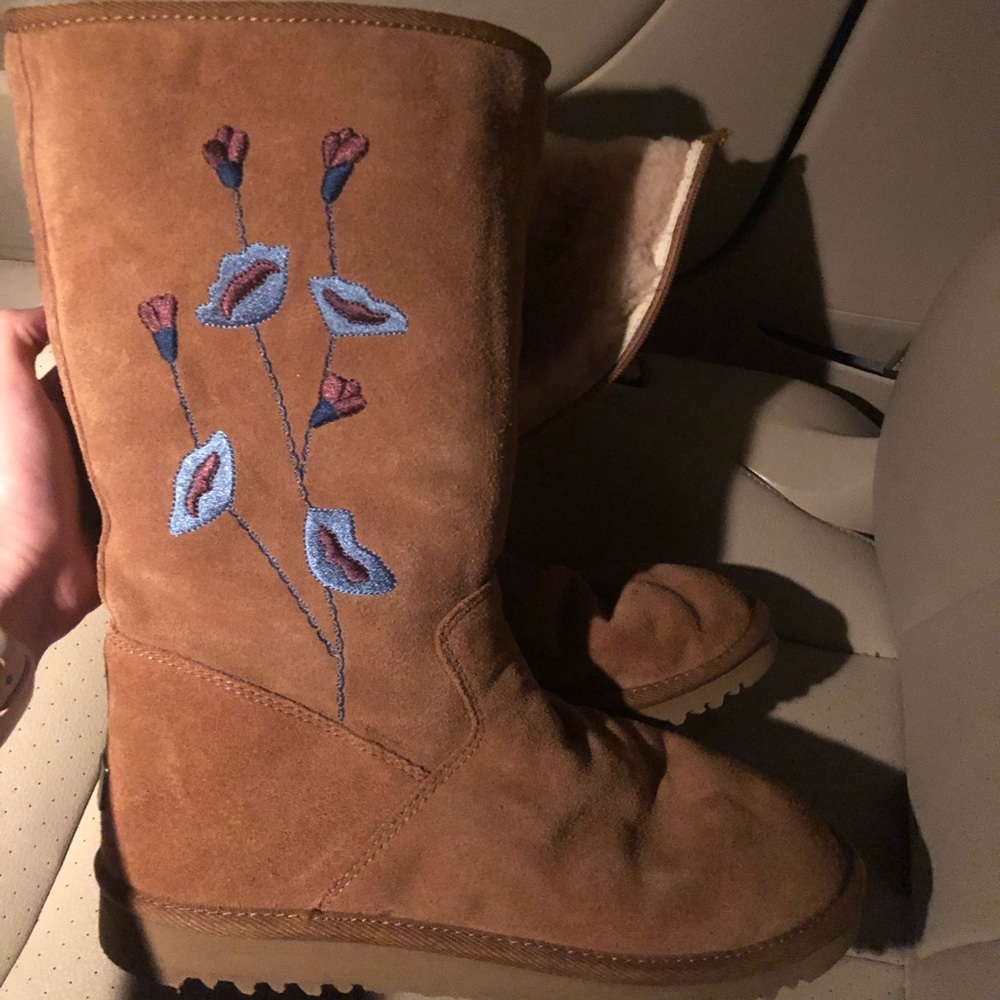 UGG Brown Kids Boots with Blue Embroidery